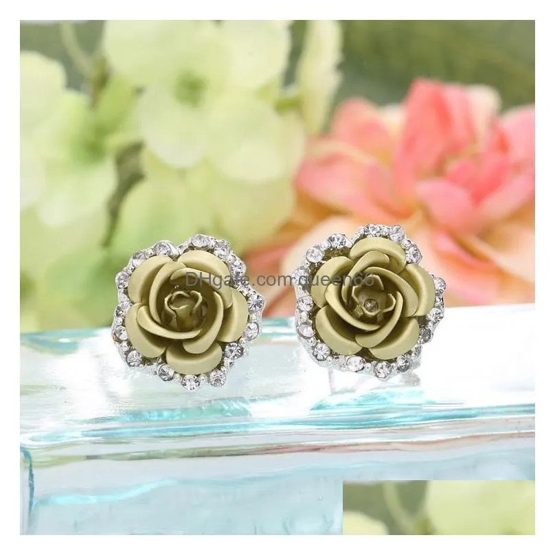 luxury rose flower stud earrings for women crystal clip on earrings fashion girls jewelry gift in bulk