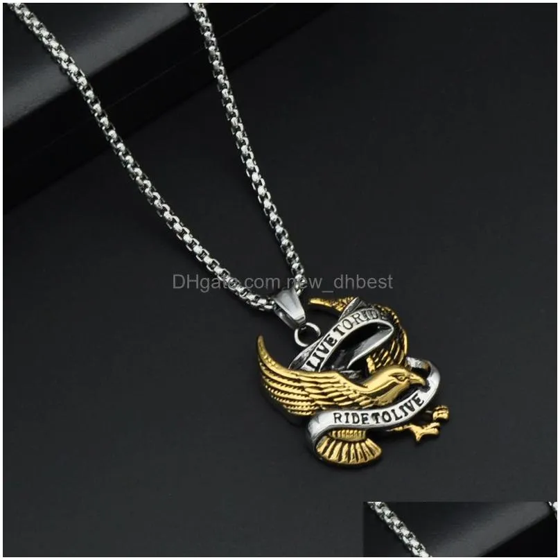 316l stainless steel biker necklaces mens ride to live letter  charms pendants long necklace for men fashion jewelry accessories