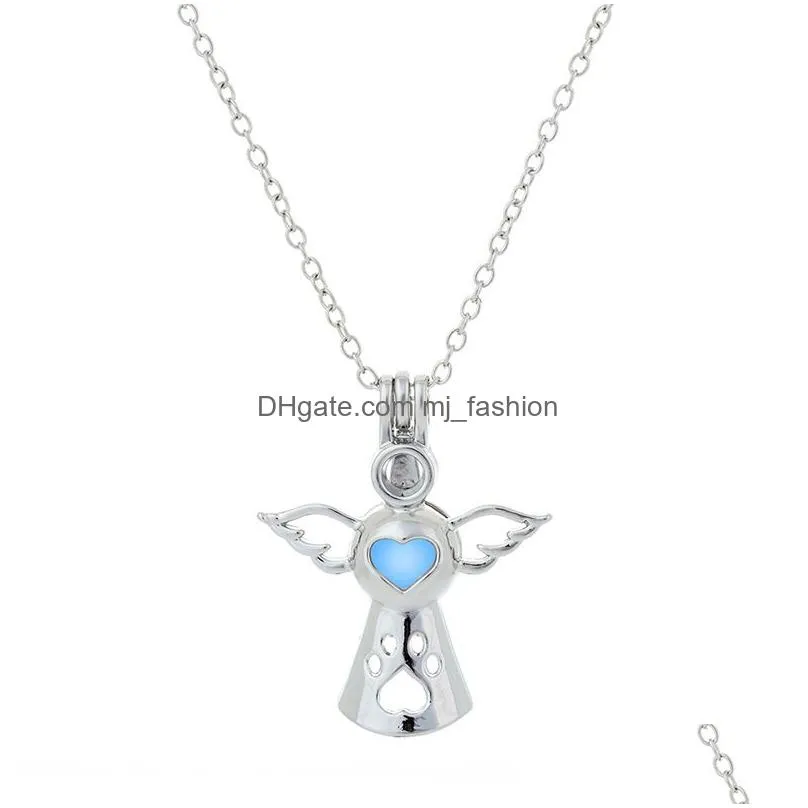 luxury luminous angel wings pendant necklaces glow in the dark open cage locket charm chains for women men fashion jewelry in bulk