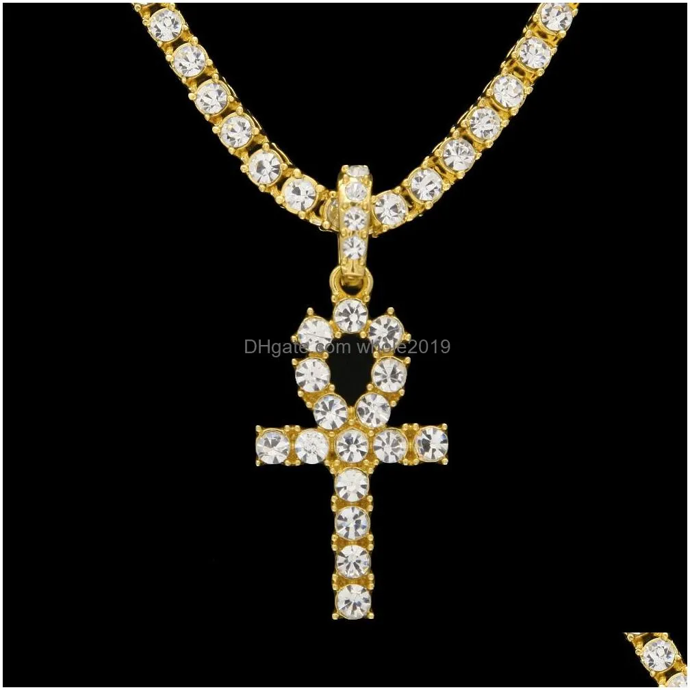 egyptian ankh key necklaces mens bling gold plated chain rhinestones crystal cross iced out pendant for womens rapper hip hop jewelry