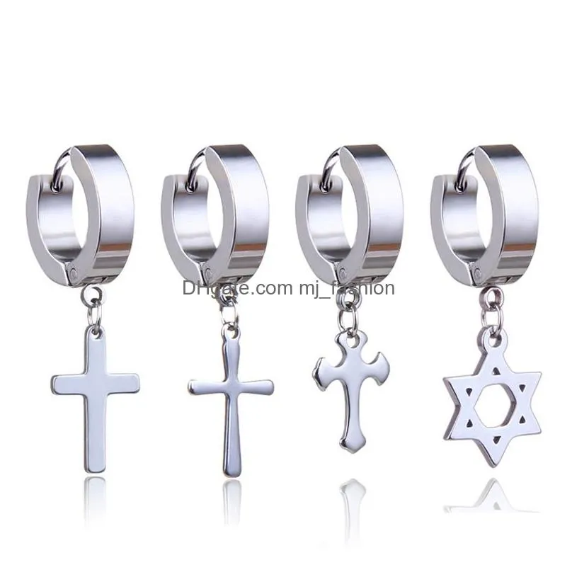 316l stainless steel cross star dangle fake piercing earrings men punk hypoallergenic non-piercing clip on hoop earrings for women