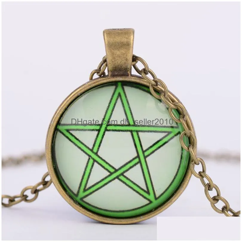 fashion vintage mysterious pentagram circle glass lockets pendant necklaces for women and men uni witchcraft necklace jewelry gift