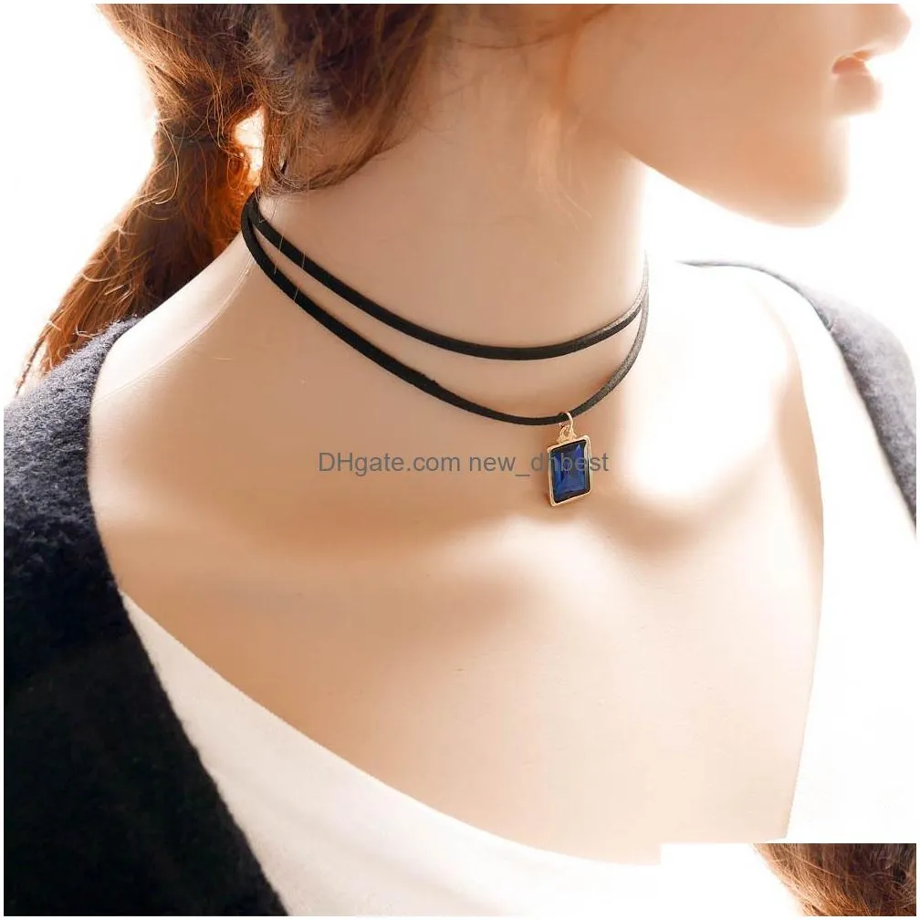 2016 new multilayer black imitation leather choker necklace gothic chain charm gem pendant vintage for women fashion jewelry