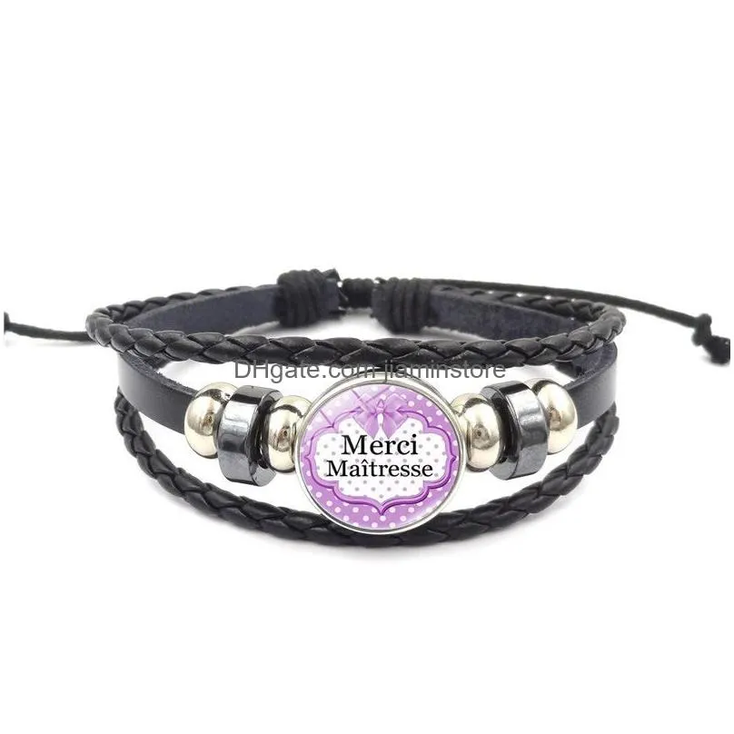 fashion teacher weave leather wrap bracelet for women french merci maitresse letter charm bracelet 2019 teachers day jewelry gift