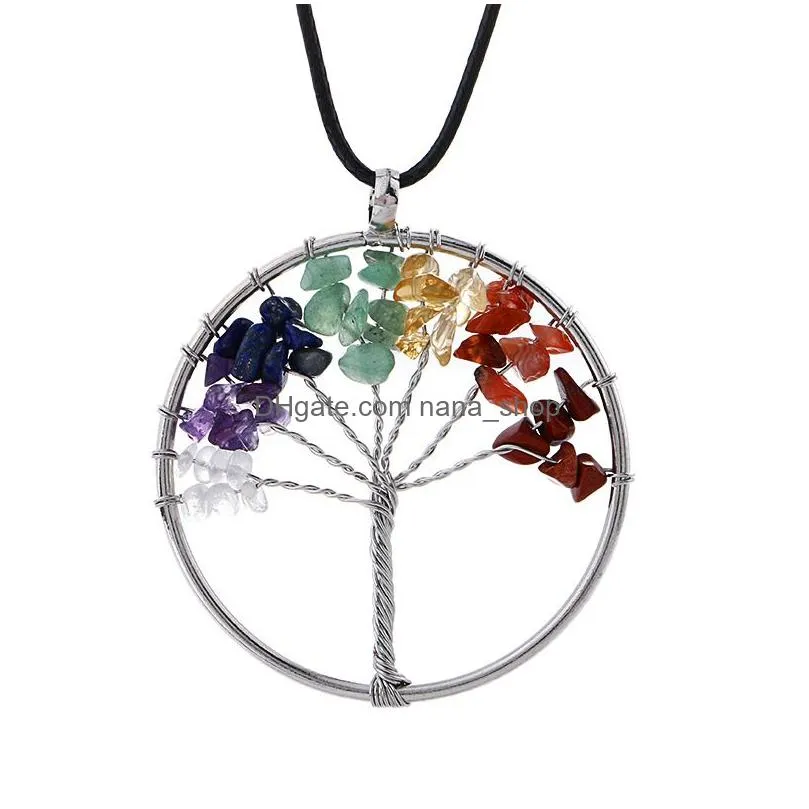 7 chakra tree of life pendant necklaces healing natural crystal gravel stone charm leather wax rope chain for women fashion jewelry