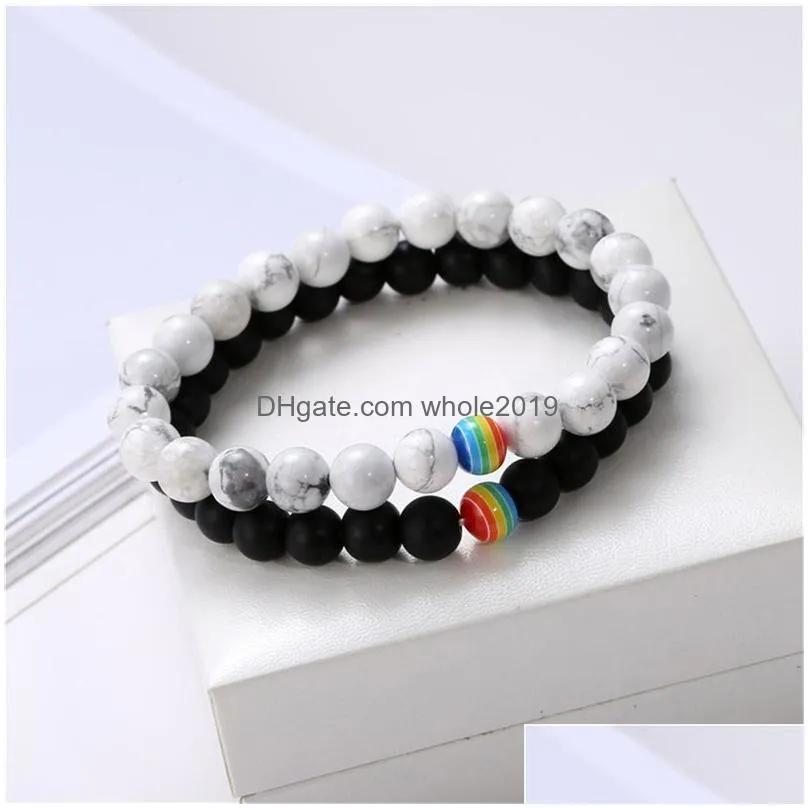 rainbow flag sign distance lgbt pride couple bracelet for women men gay lesbian black white beads chains charm bangle fashion jewelry