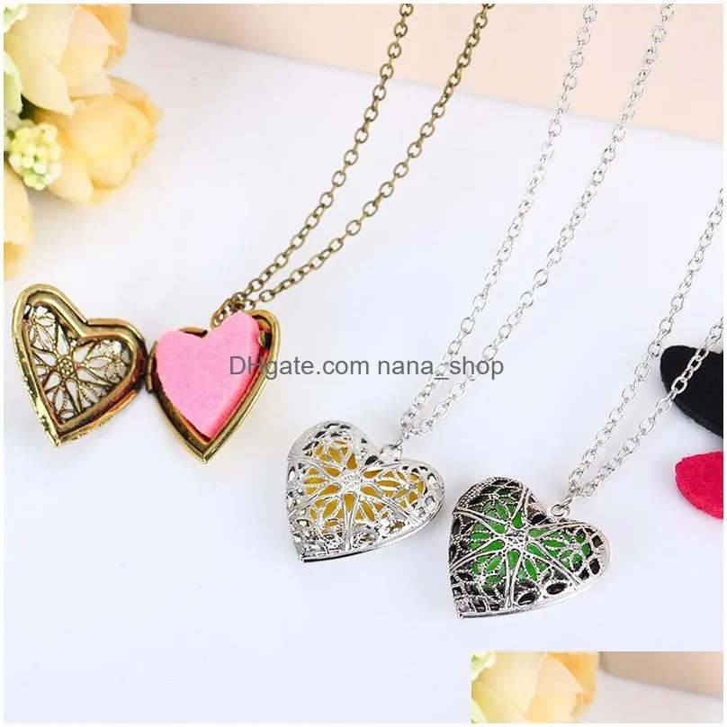 heart shaped  oil diffuser necklaces vintage hollow floating aromatherapy locket pendant long chain for women fashion jewelry