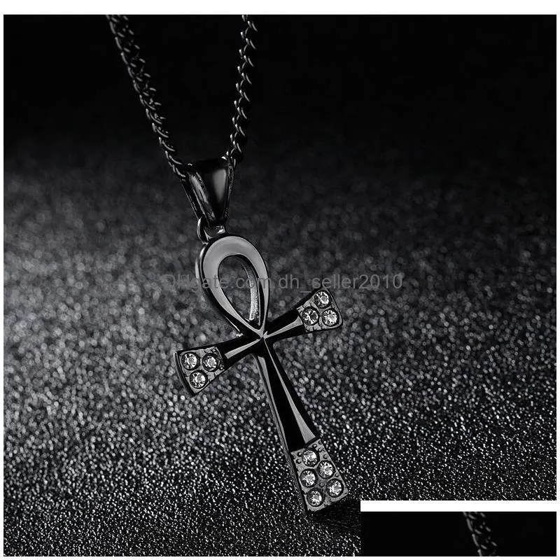 stainless steel egypt ankh key of life necklaces egyptian bling rhinestone cross pendant necklace for men s hip hop jewelry