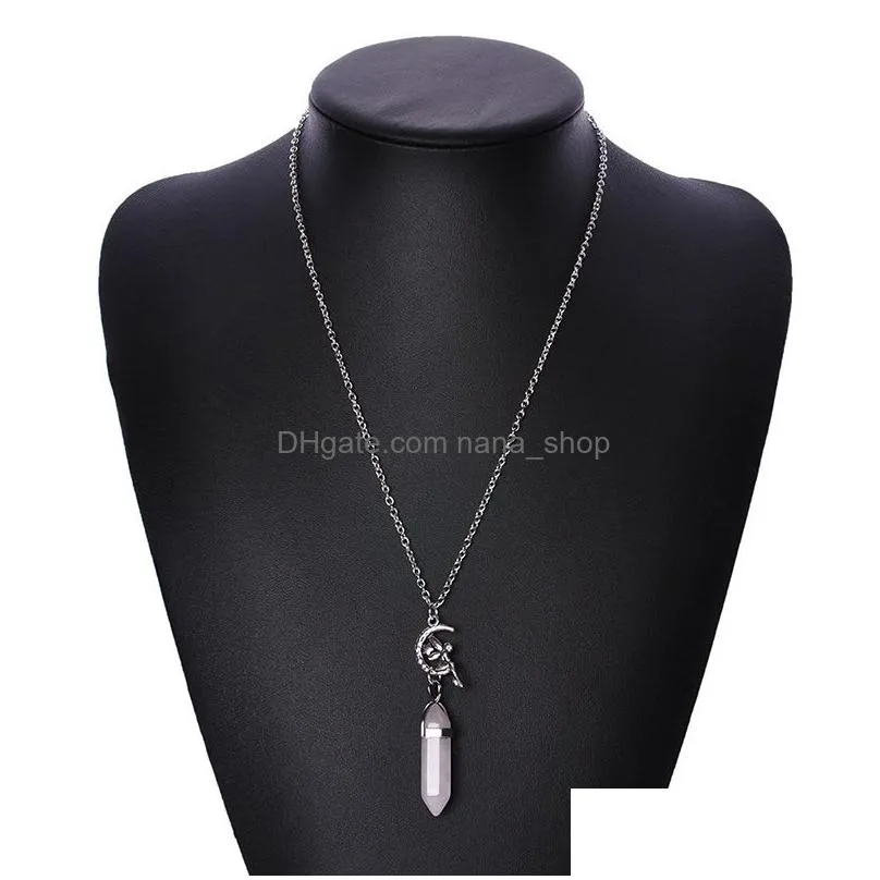 fashion hexagonal prism quartz pendant necklaces star lotus angel natural crystal healing point chakra stone charm chain for women