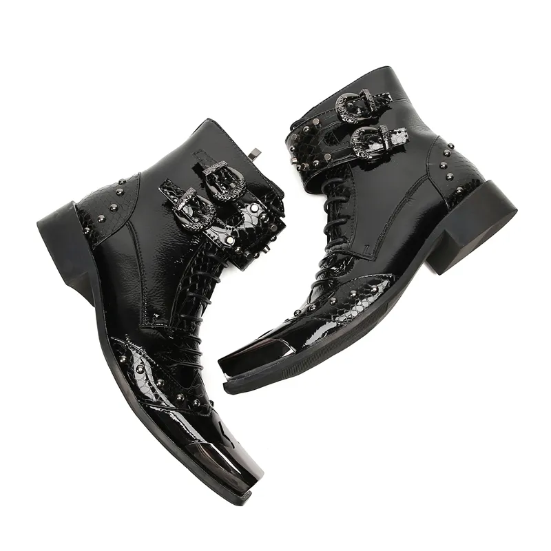 British  Style Genuine Leather Black Ankle Boots For Men Square Steel Toe Buckle Military Studded Botas Punk Shoes Men