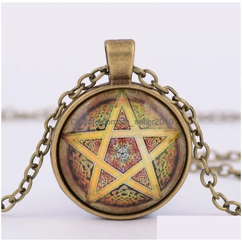 fashion vintage mysterious pentagram circle glass lockets pendant necklaces for women and men uni witchcraft necklace jewelry gift