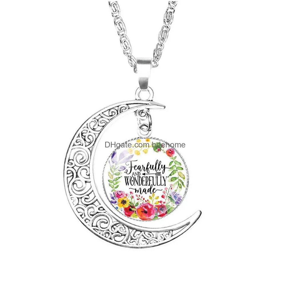 2019 christian bible verse moon necklaces for women catholic church scripture glass time gem cabochon pendant chains fashion jewelry