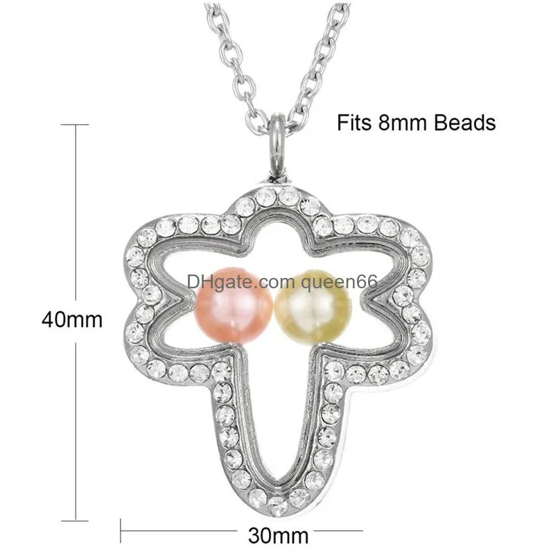 new crystal silver pearl cage pendant necklaces for women living memory beads glass magnetic open floating lockets chains fashion