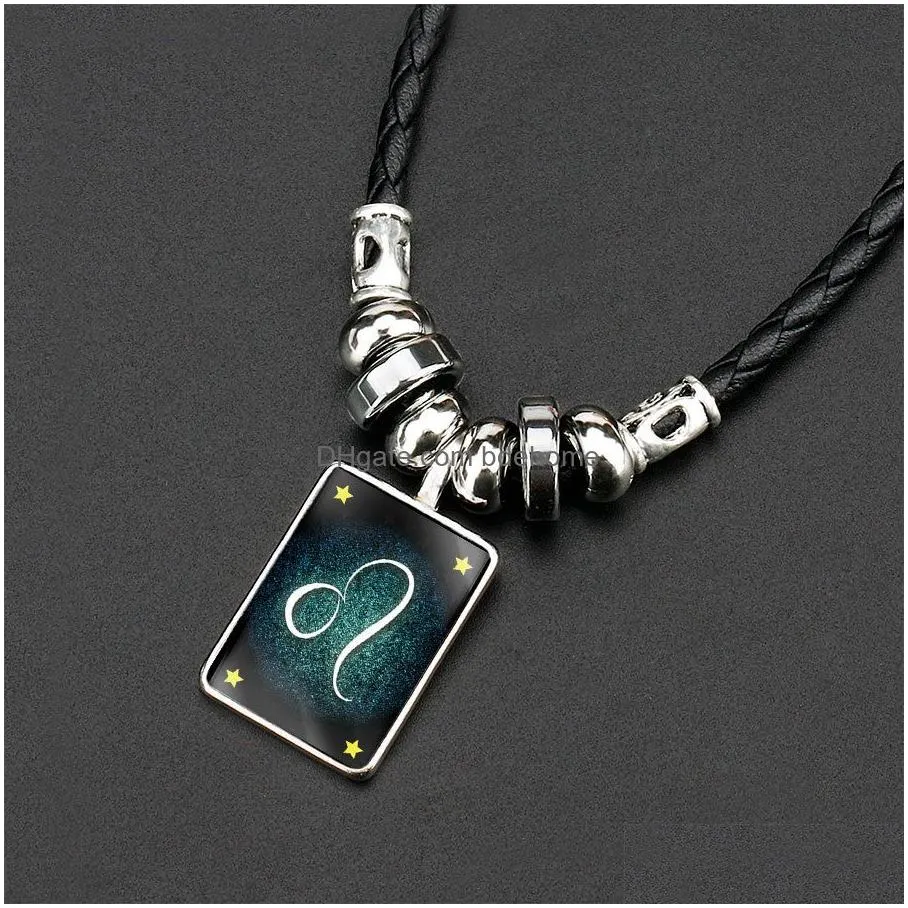 luminous 12 zodiac sign necklaces glow in the dark constellation obsidian pendant leather rope chains for women men fashion jewelry