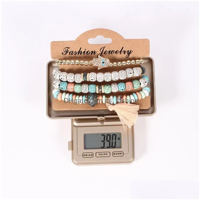 4pcs/lot bohemian vintage bodhi beads chains bracelets set for women hand of fatima tassel charm wristband fashion jewelry gift