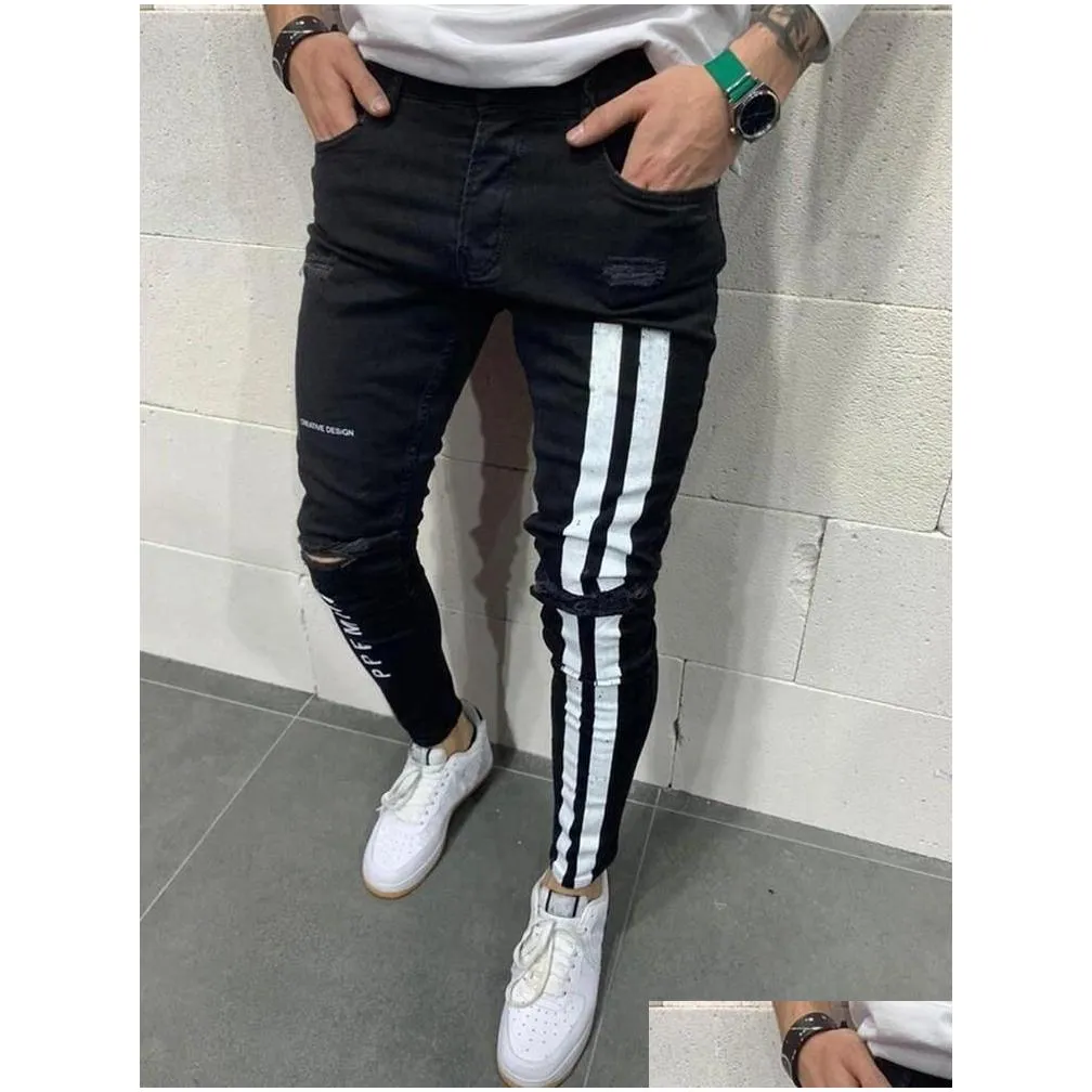 jeans men skinny striped zipper denim hole wash vintage hip hop work trousers slim printed jeans european big size men clothing