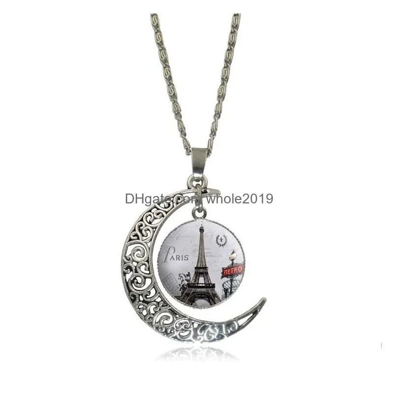 new fashion hollow carved gemstone necklace moon gemstone eiffel tower pendant necklaces for man women mix models jewelry
