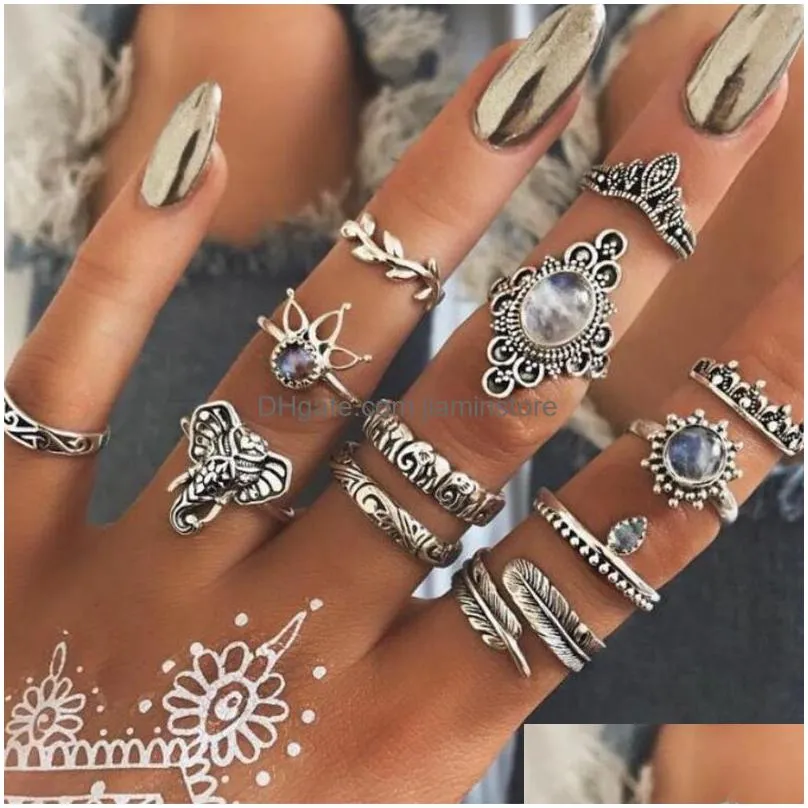 fashion carve antique silver midi rings set for women turtle crown heart lotus knuckle finger rings female bohemian jewelry gift