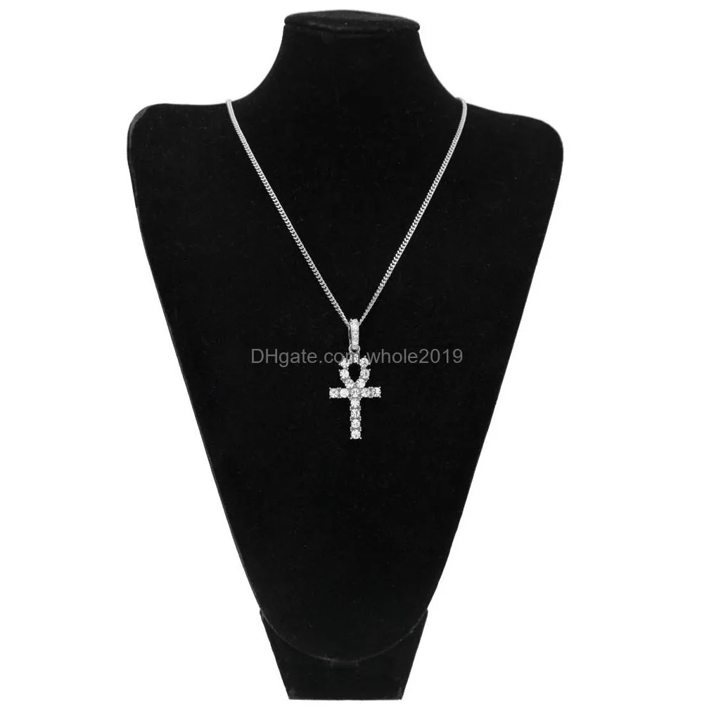 egyptian ankh key necklaces mens bling gold plated chain rhinestones crystal cross iced out pendant for womens rapper hip hop jewelry