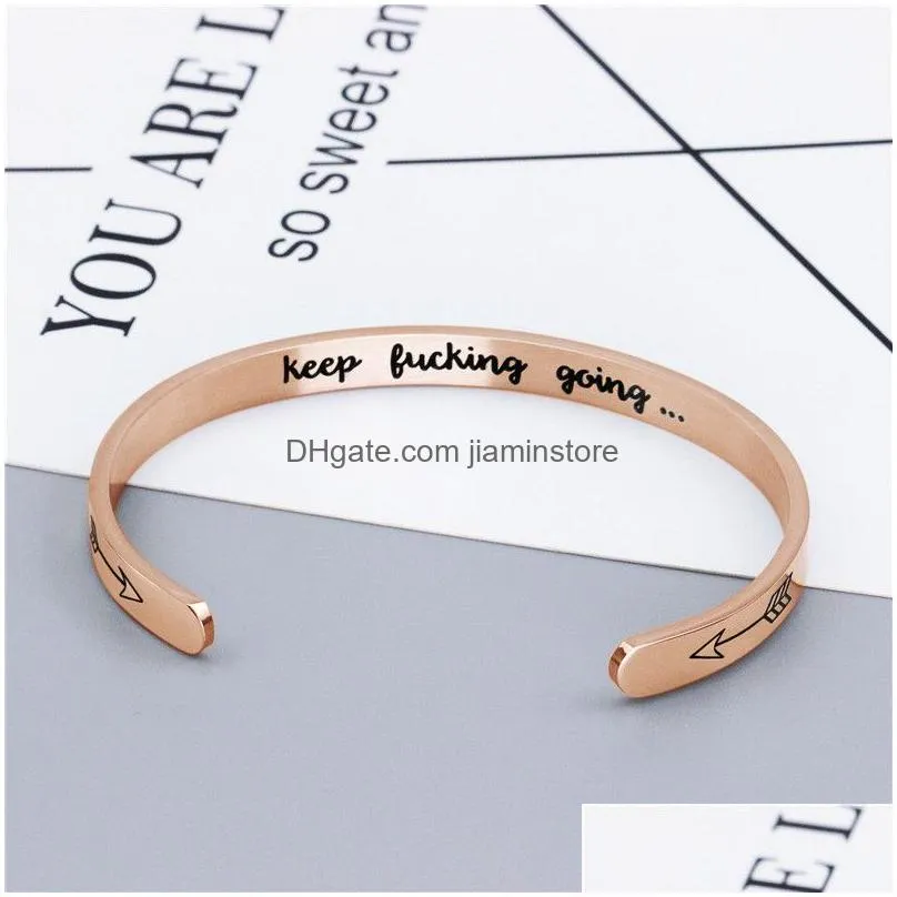 keep fucking going stainless steel cuff bangle for women men personalized engraved letter arrow open bracelet friend inspirational
