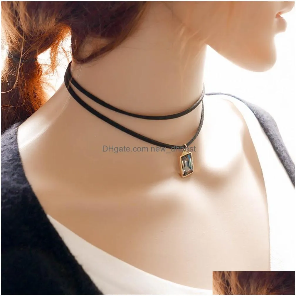 2016 new multilayer black imitation leather choker necklace gothic chain charm gem pendant vintage for women fashion jewelry