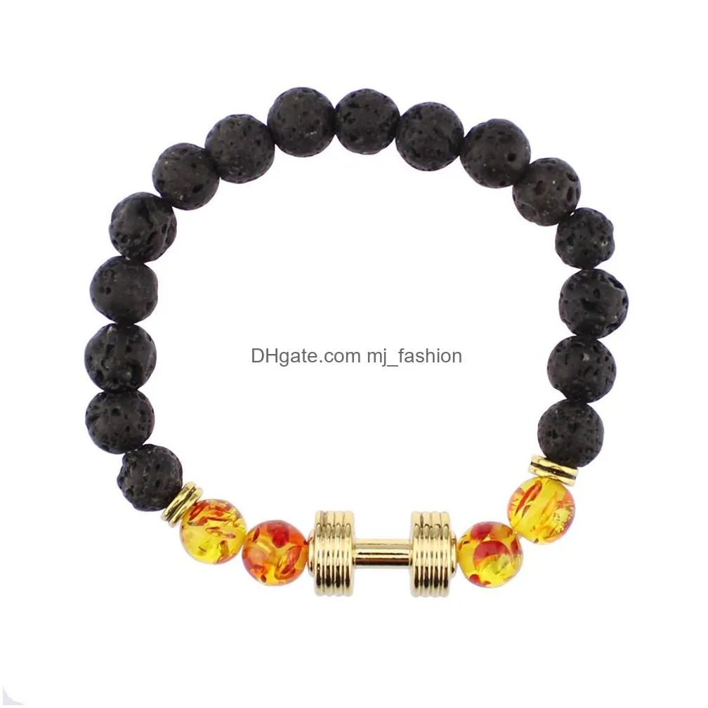 new arrival lava rock beads bracelets with gold dumbbell amber lampwork glass beads stretch bangle for women men fashion jewelry