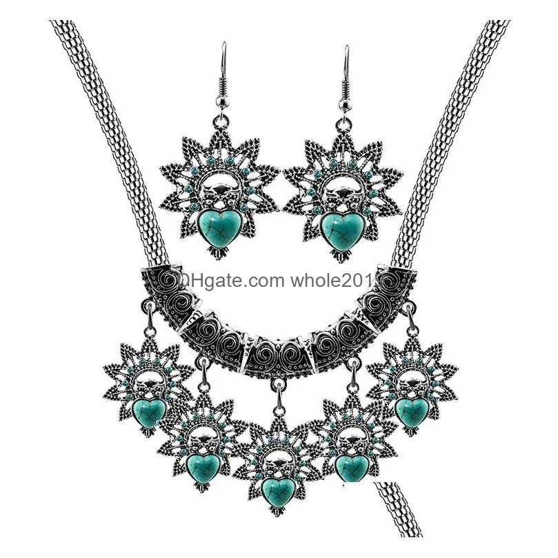 vintage turquoise statement necklaces earring sets for women jewelry turquoise owl pendant necklace dangle chandelier earrings hot