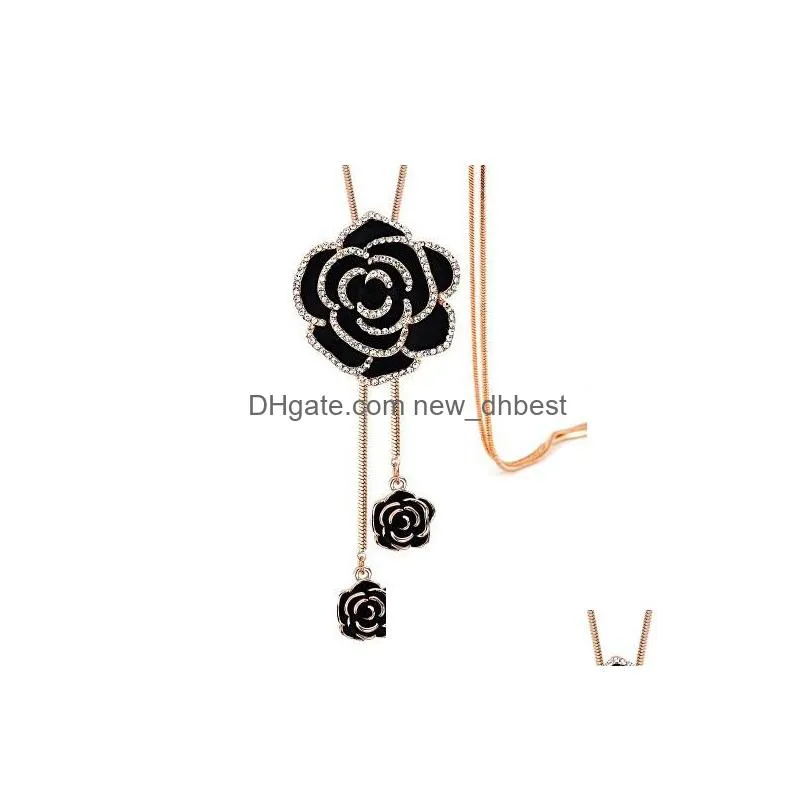 zircon black rose flower long necklace sweater chain fashion metal chain crystal flower pendant necklaces adjusted jewelry