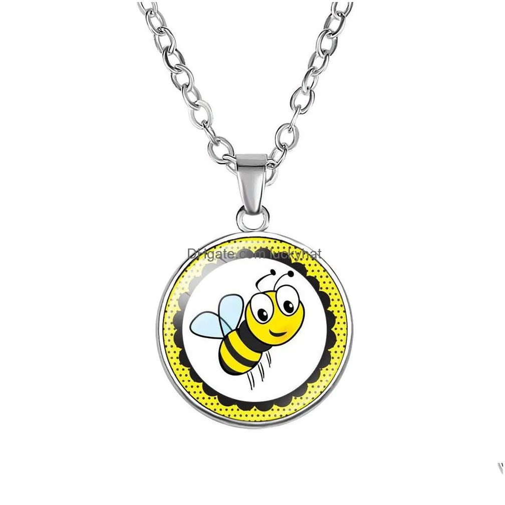 lovely cartoon bee kids necklaces cute animal glass cabochon round pendant silver chains for boys girls children fashion jewelry