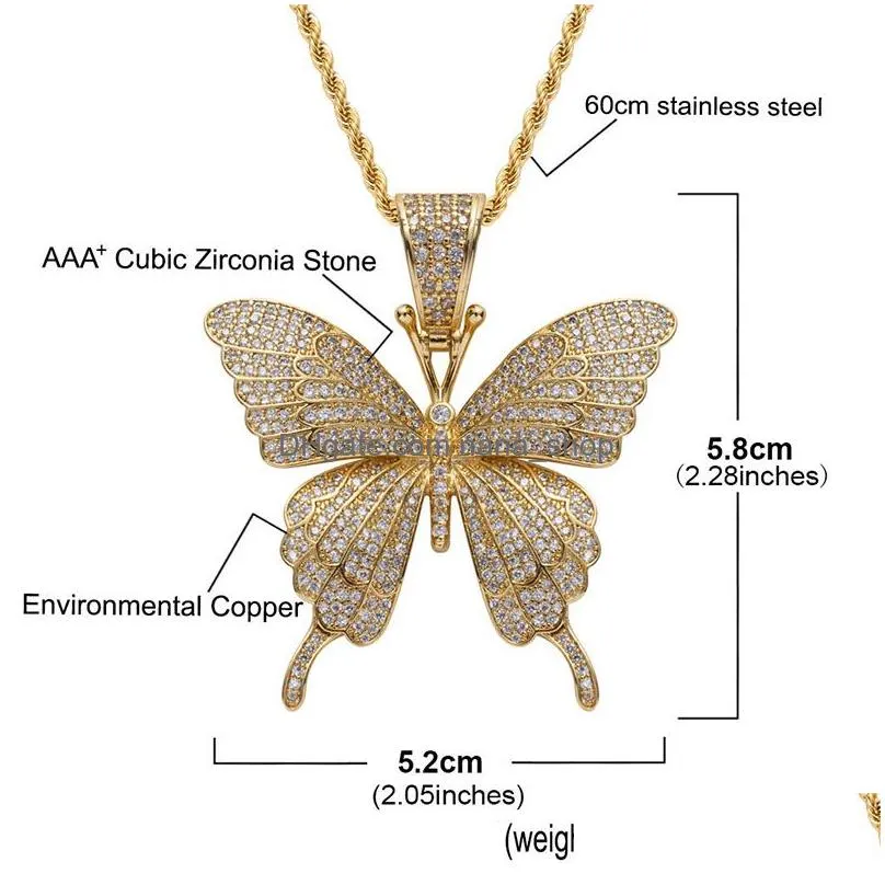 hip hop butterfly shape necklace for men women iced out bling animal pendant gold silver twisted chain hiphop rapper jewelry drop