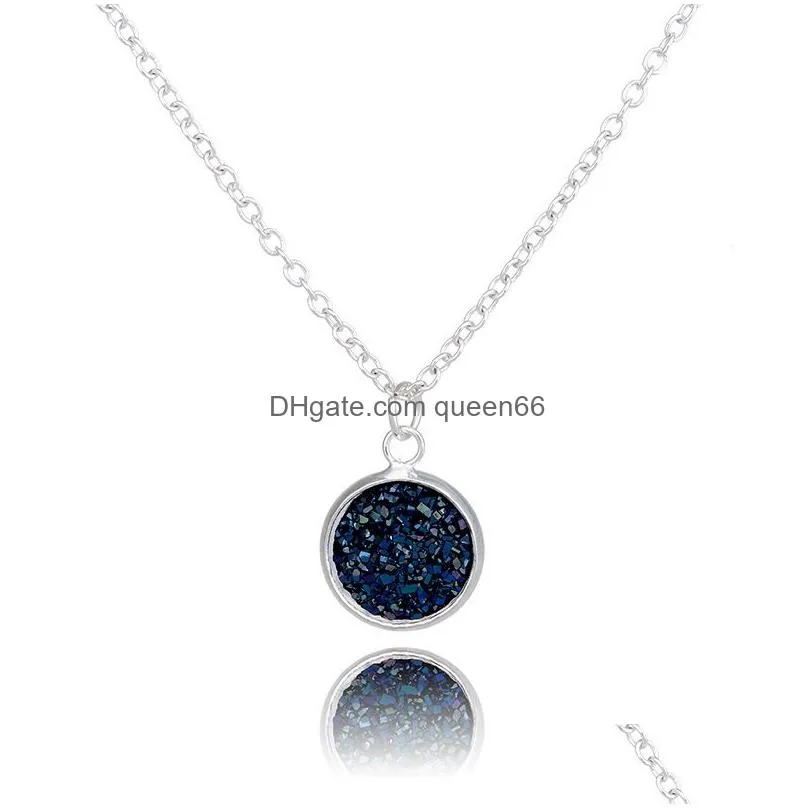 new fashion round druzy necklaces 6 colors bling natural stone drusy pendant charm link chain necklace for women luxury jewelry gift