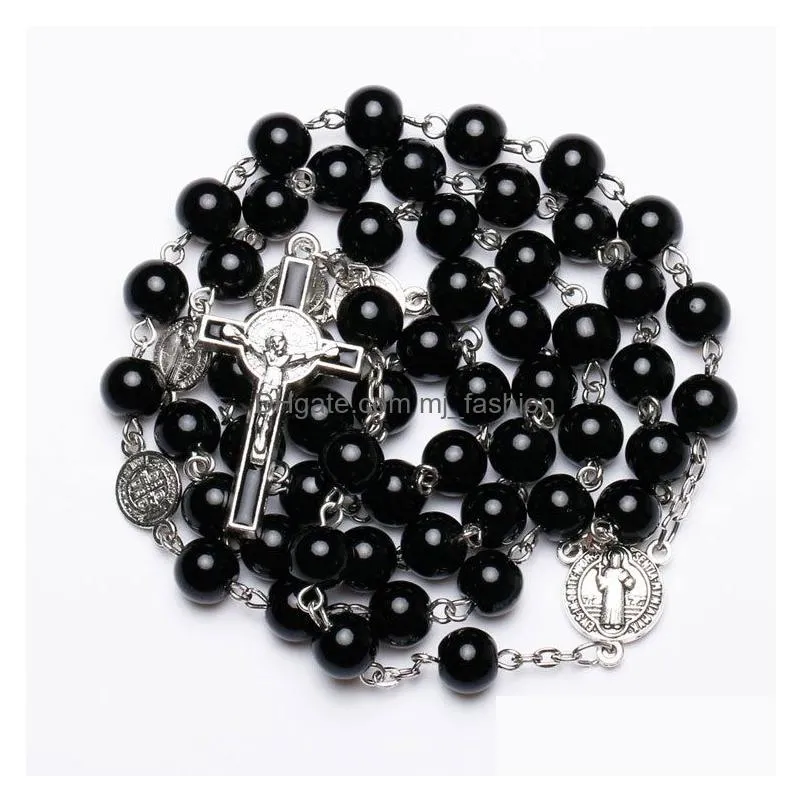 mens catholic rosary necklace for women christian jesus virgin mary cross crucifix pendant galss beaded chains luxury jewelry in bulk