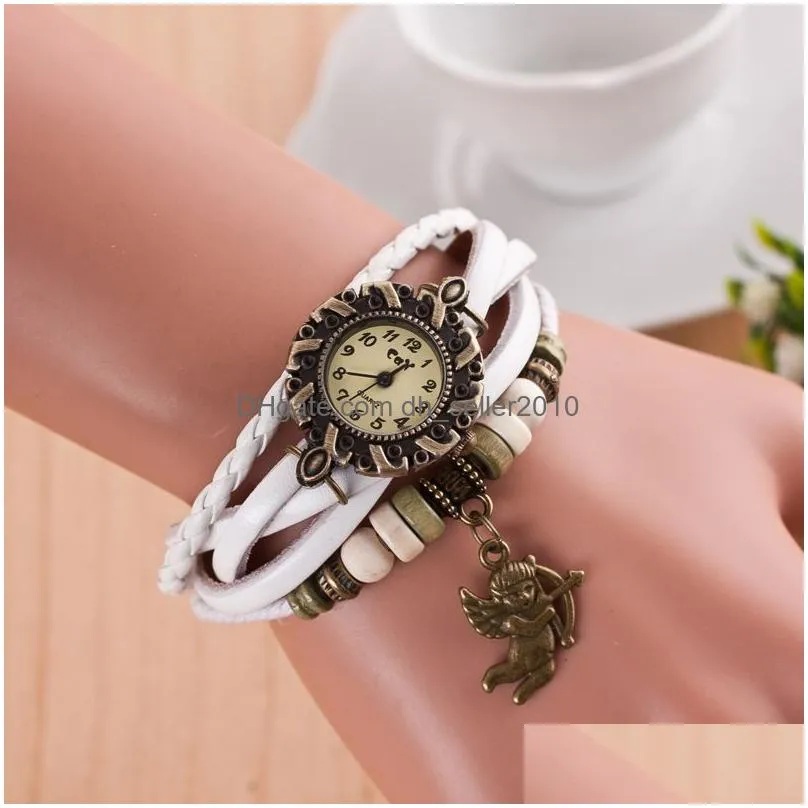 fashion womens bracelet watches multi layer leather weave cupid punk charm bangle quartz watch for female luxury diy jewelry wholesale