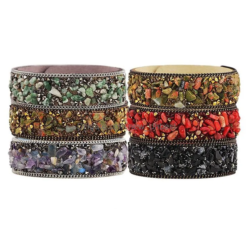 korean gravel velvet bangle multi color natural crystal stone wide leather wristbands bracelets for women female fashion jewelry hot