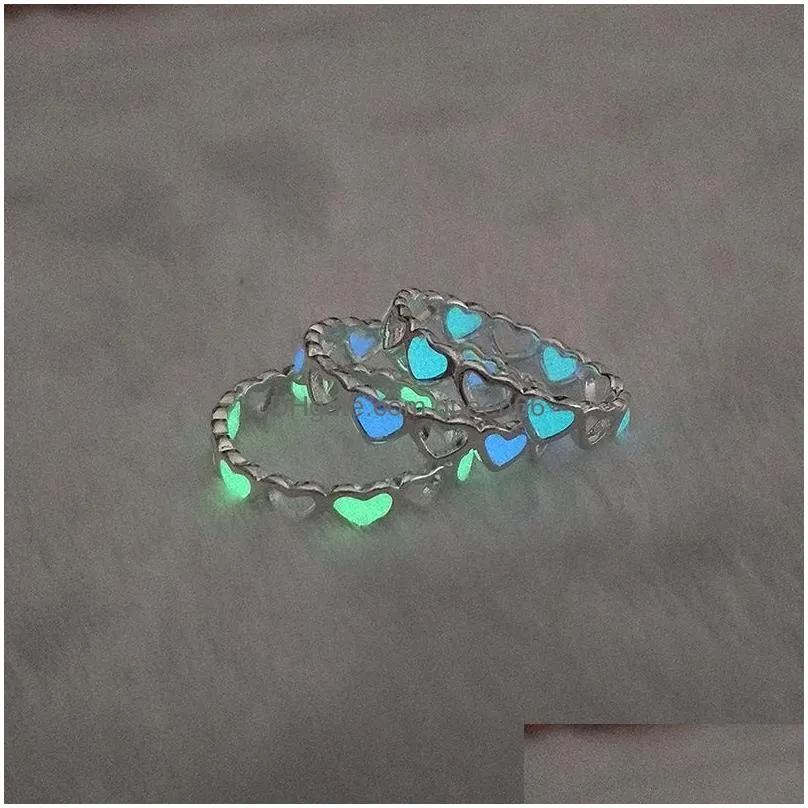 fashion fluorescent open ring for women 3 colors glow in the dark luminous heart cute ring female trendy party jewelry gift