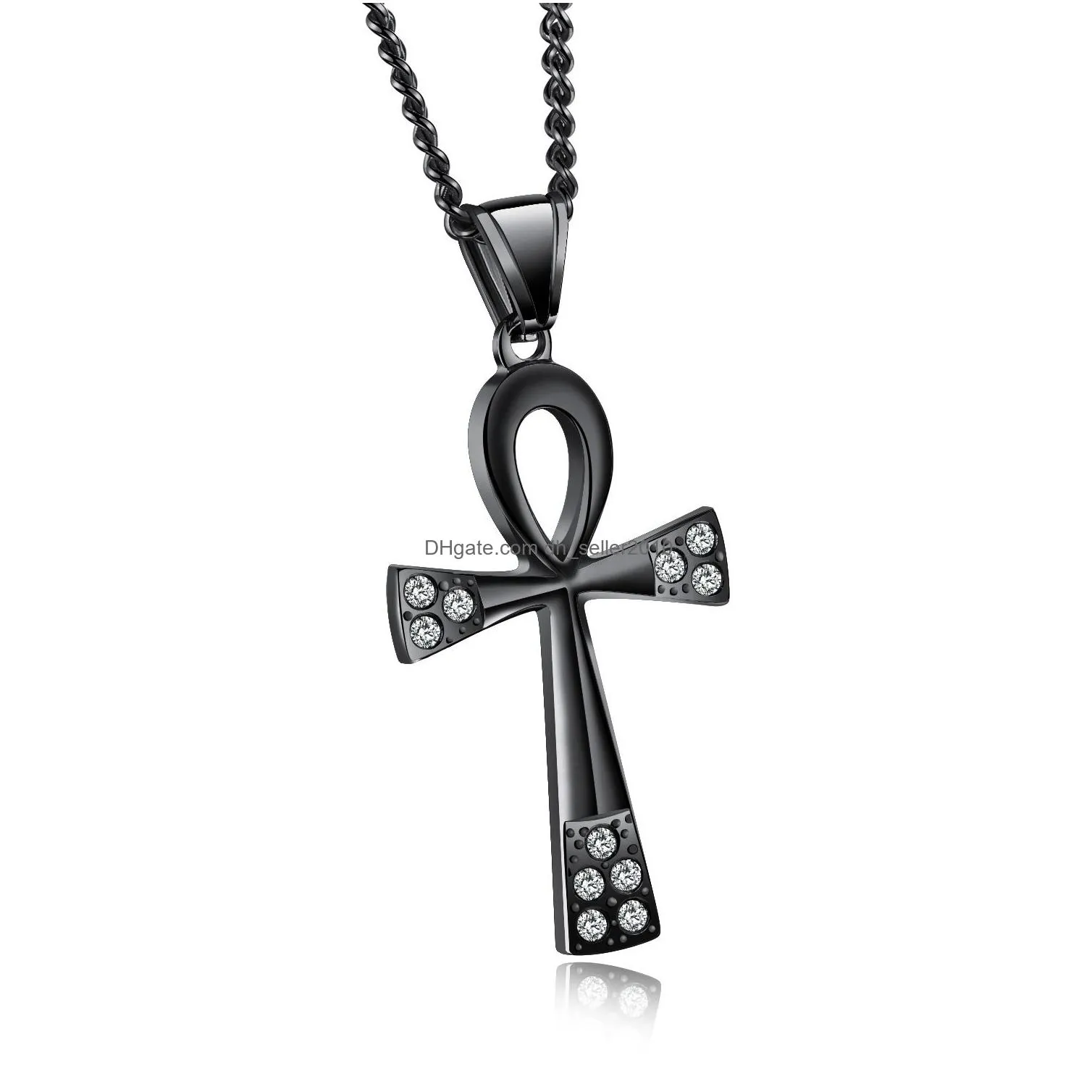 stainless steel egypt ankh key of life necklaces egyptian bling rhinestone cross pendant necklace for men s hip hop jewelry