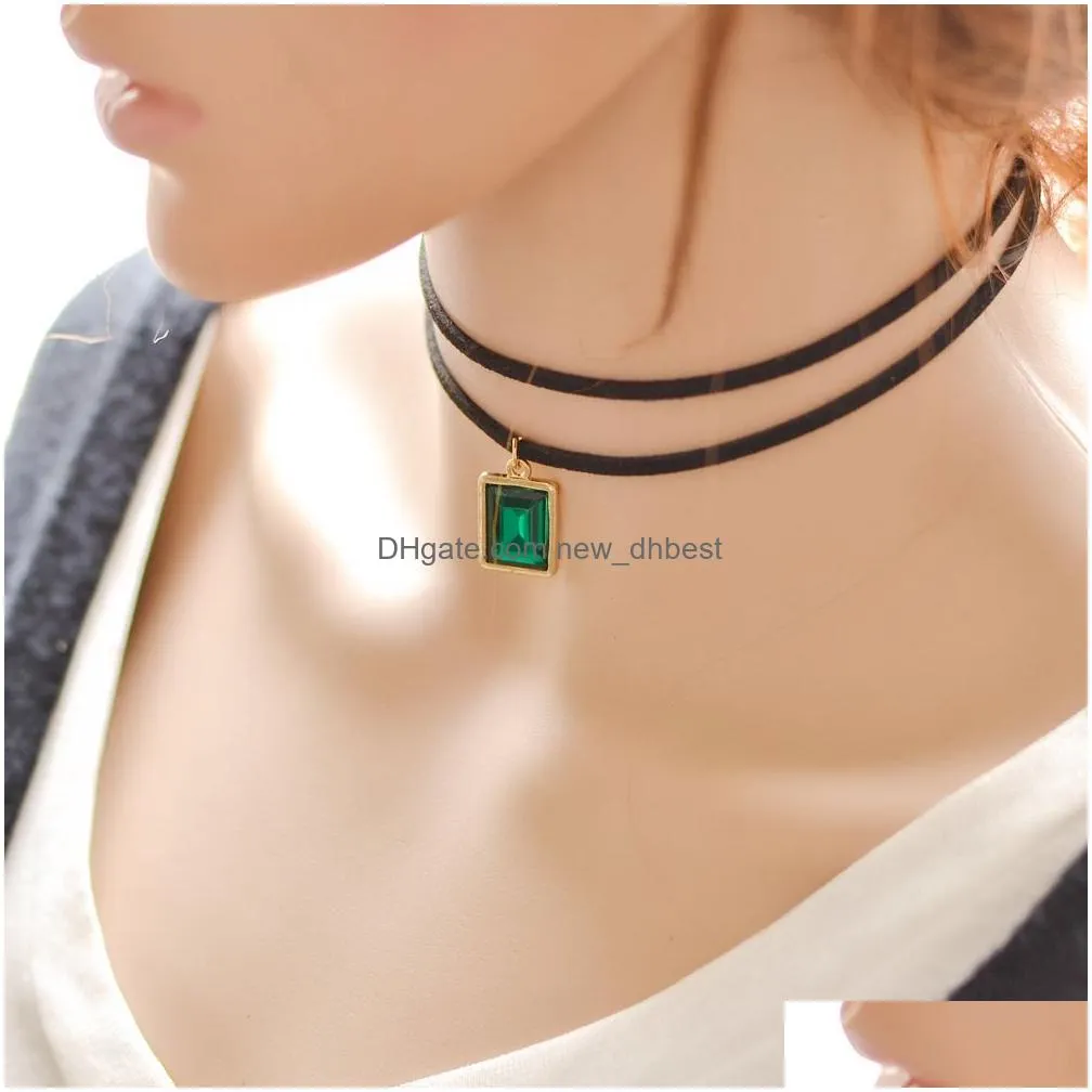 2016 new multilayer black imitation leather choker necklace gothic chain charm gem pendant vintage for women fashion jewelry