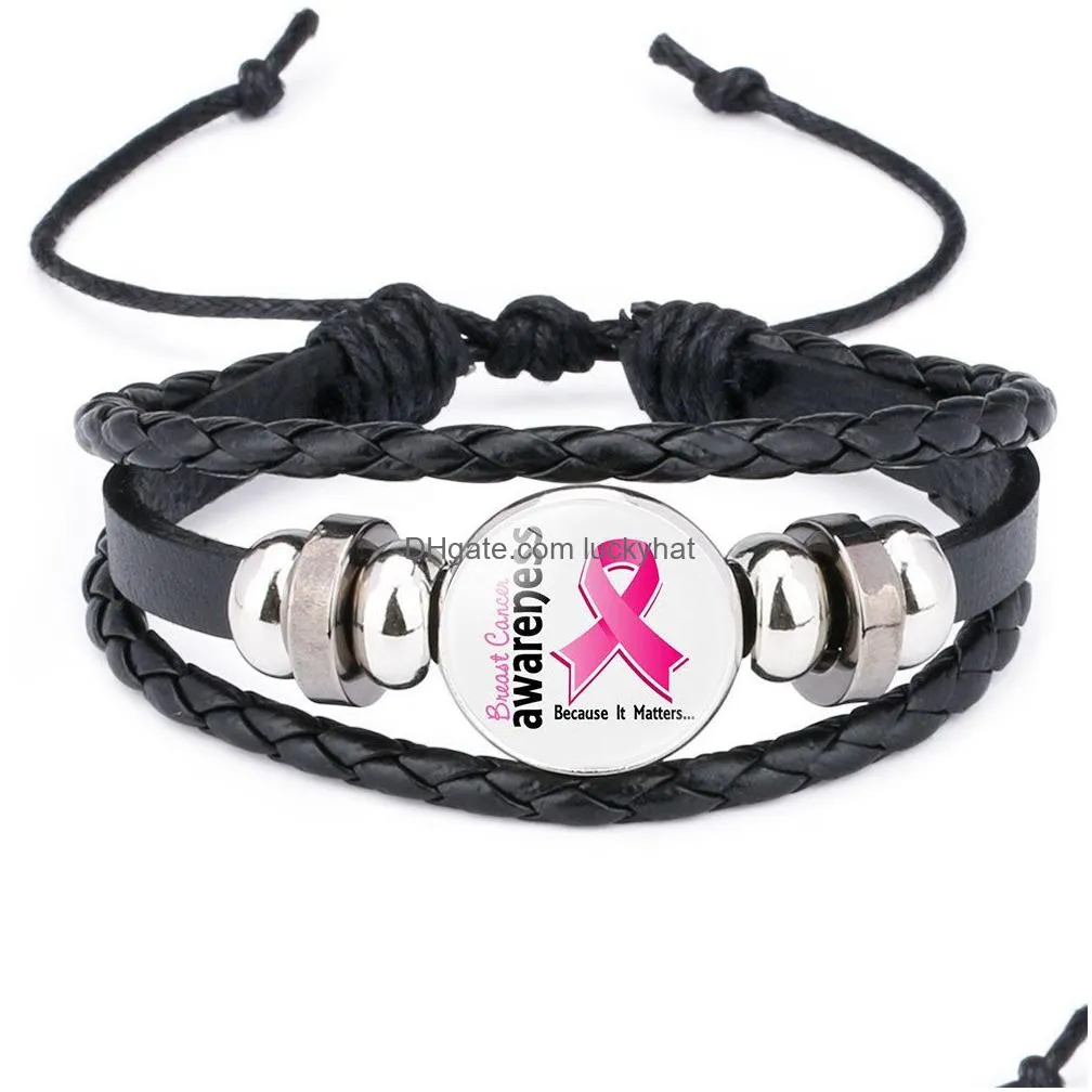 breast cancer awareness pink ribbon charm bracelets for women walking the cure leather wrap bangle fashion believe hope faith jewelry