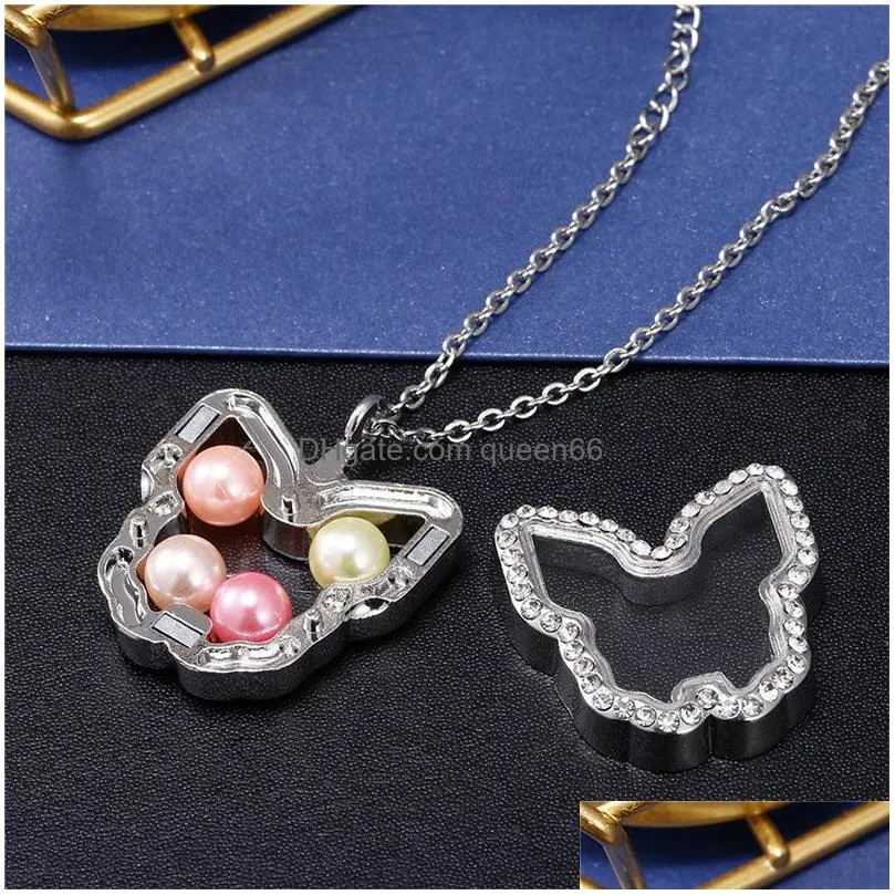 new crystal silver pearl cage pendant necklaces for women living memory beads glass magnetic open floating lockets chains fashion