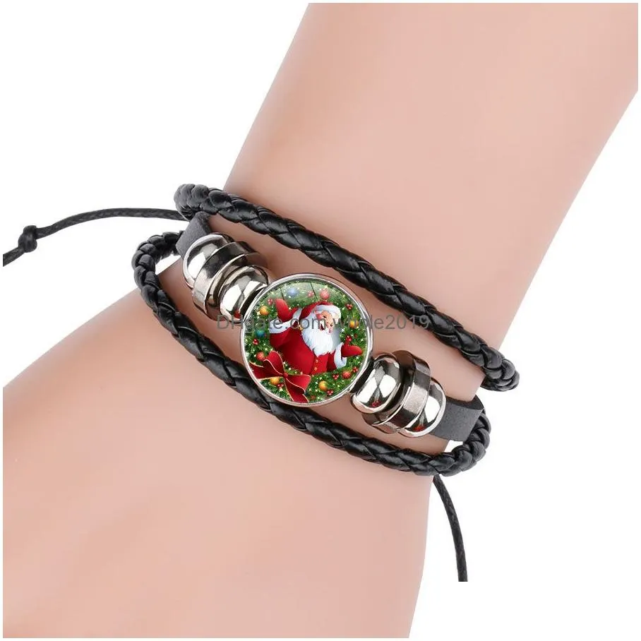 2019 christmas leather bracelets for women men reindeer tree santa claus bell snowman glass cabochon charm bangle fashion festival