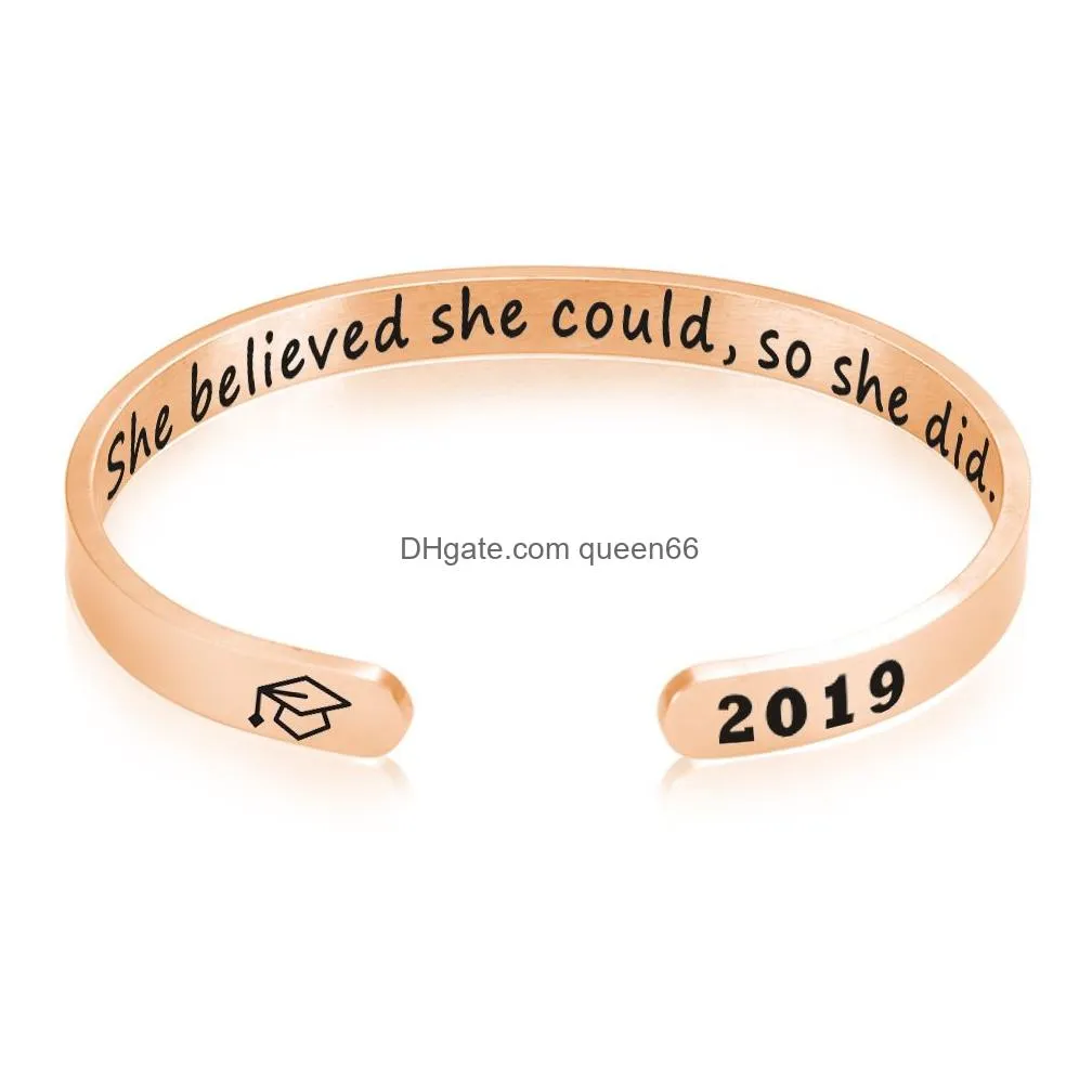 she believed she could so she did cuff bangle for women men stainless steel letter bachelor cap sign open bracelet inspirational