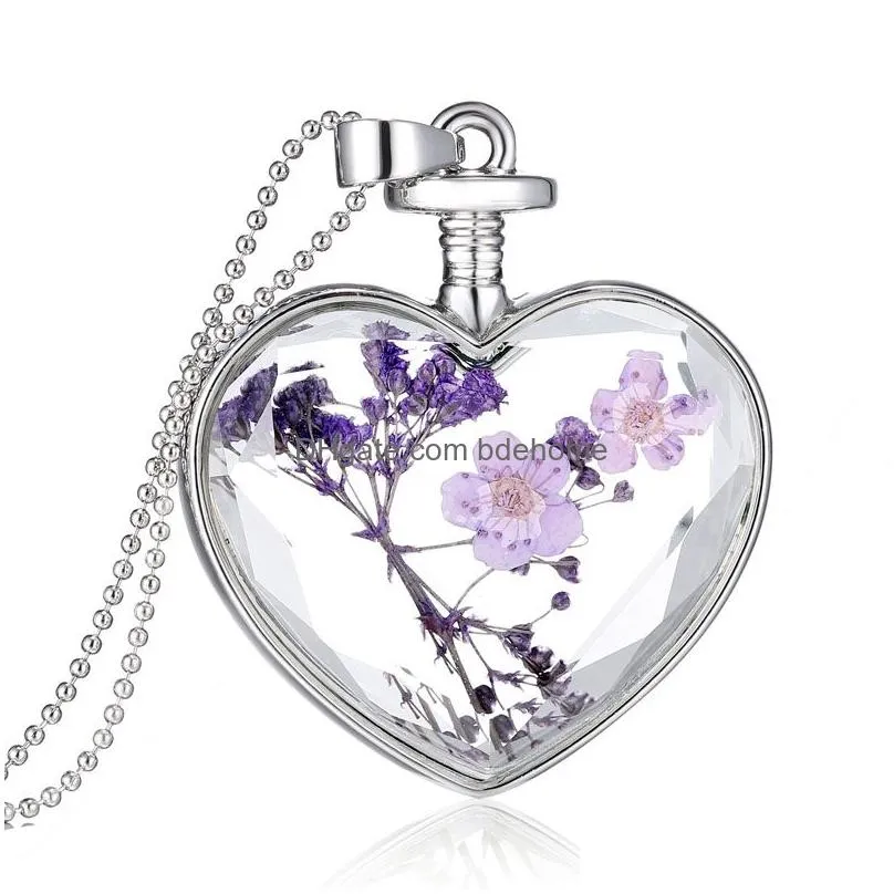 fashion dried flowers plant specimen bottle glass necklaces love heart pendants for women glass bottle locket party jewelry