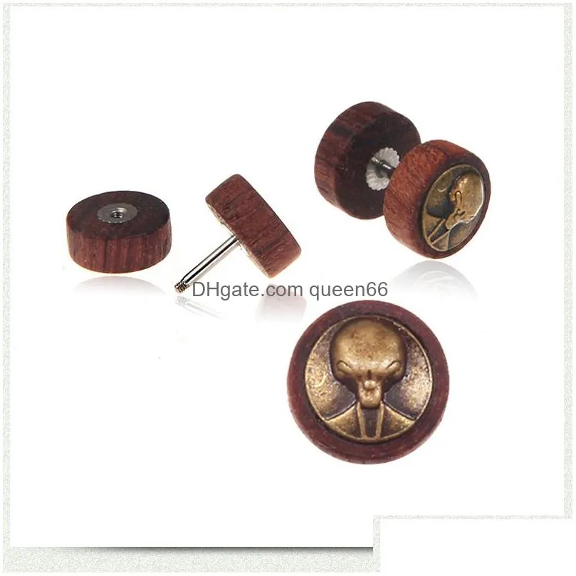 10mm wooden dumbbell stud earrings for women men punk ufo cross alien  tree of life sign round wood earrings fashion jewelry