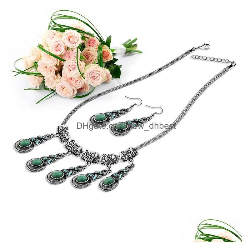 fashion ethnic style statement necklaces earrings set turquoise women necklace earrings jewelry 2pcs sets for lobster clasp jewelry