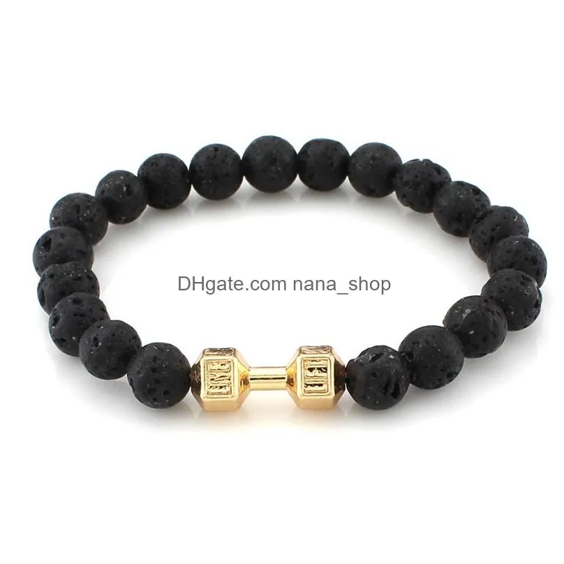 2017 new lava rock beads charms bracelets with dumbells women black natural stone beaded bracelet for men fashion jewelry cheap