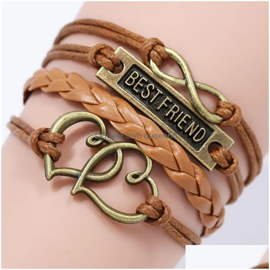 best friend bff bracelets for women men vintage love heart infinity braided leather rope wrap bangle fashion friendship jewelry gift