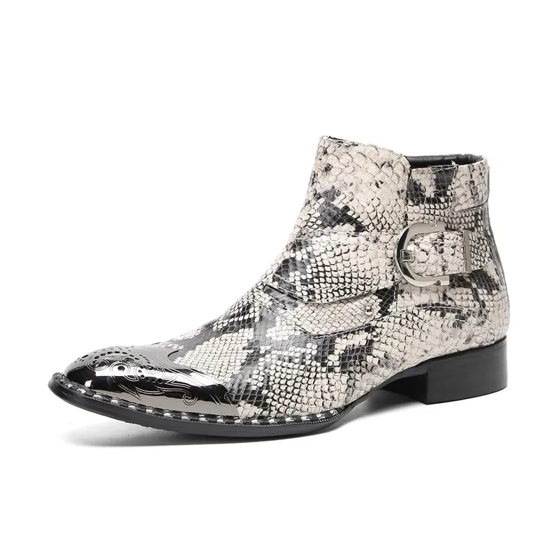 Handemade  Snake Skin Men Ankle Boots Steel Toe Low Heels Real Leather Military Shoes Man Dress Zapatos Para Hombres