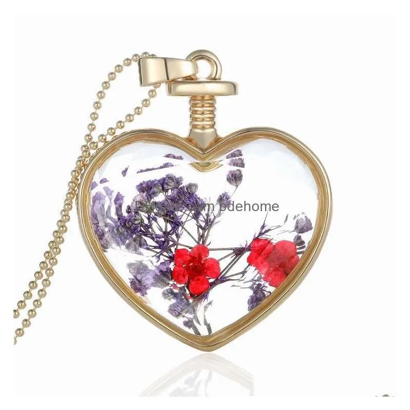 fashion dried flowers plant specimen bottle glass necklaces love heart pendants for women glass bottle locket party jewelry