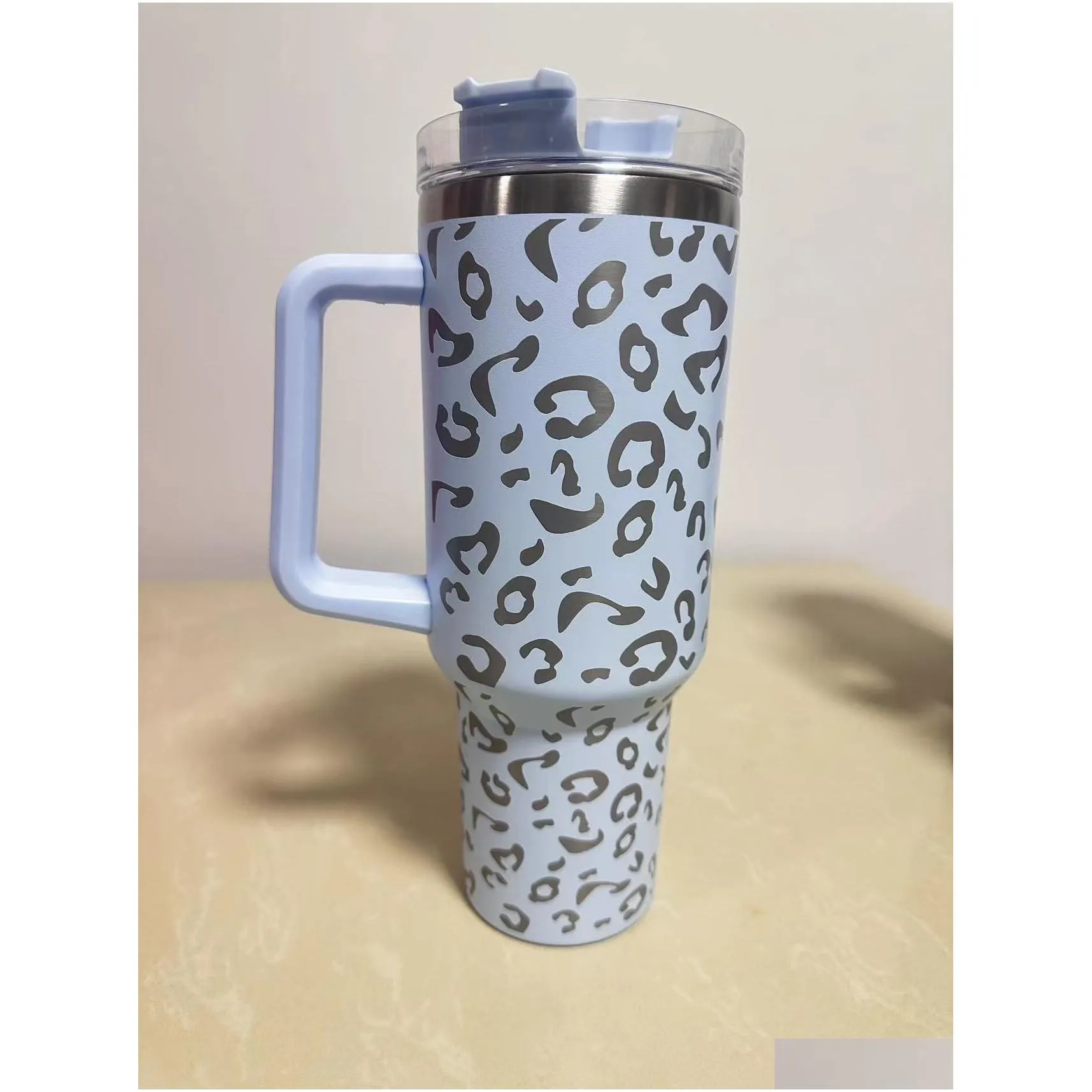 40oz leopard stainless steel tumblers with handle water bottle portable outdoor sports cup beer mug insulation travel vacuum flask bottles