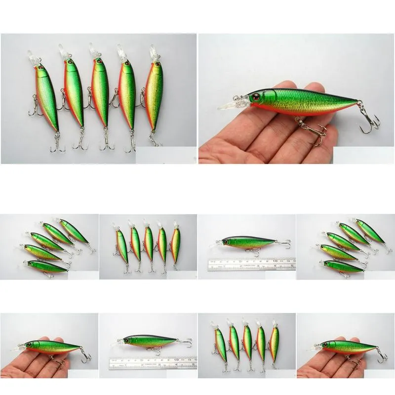 wholesale lot 12 fishing lure minnow crankbaits hand baits hooks bass 12.3g/10 cm green 